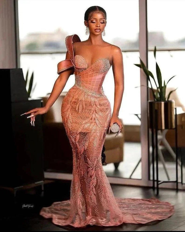 Charming One Shoulder Mermaid Prom Dress Glitter Sequins Pearl Sweetheart Evening Dress by misshow.com