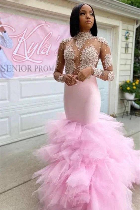 Charming Pink Halter Long Sleeve Transparent lace Column Mermaid Floor-length Prom Dresses by misshow.com