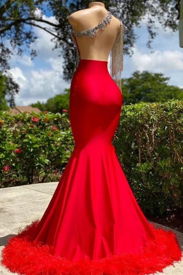Charming Red Long Mermaid Tassel One Shoulder Satin Backless Prom Dress by BIZTUNNEL