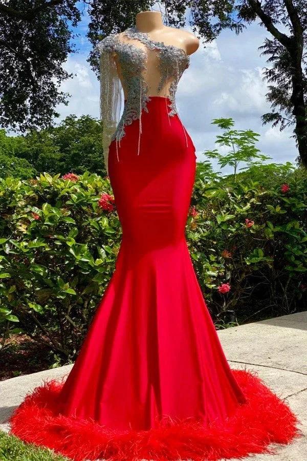 Charming Red Long Mermaid Tassel One Shoulder Satin Backless Prom Dress by BIZTUNNEL