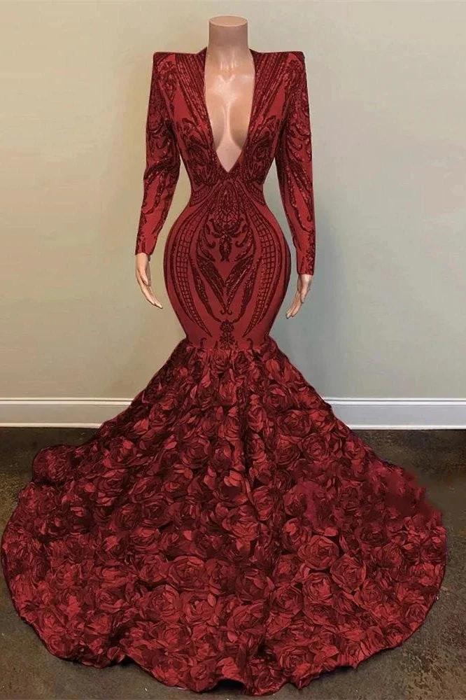 Charming Red V-neck Long Sleeve Floor-length Sequins Flowers Mermaid Prom Dresses by misshow.com