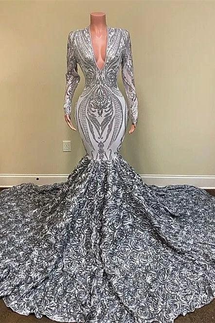 Charming Silver V-neck Long Sleeve Flowers Floor-length Mermaid Prom Dresses by misshow.com