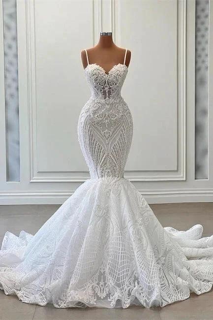Charming Sleeveless Spaghetti Straps Mermaid Wedding Dress with Ruffles by misshow.com