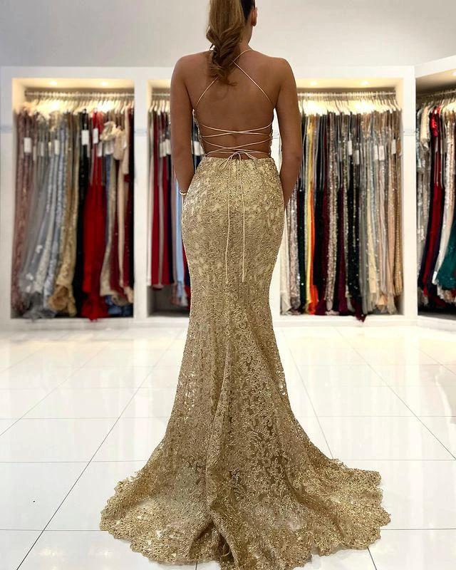 Charming Straps Lace Mermaid Prom Gown Sleeveless Long Evening Dress by misshow.com