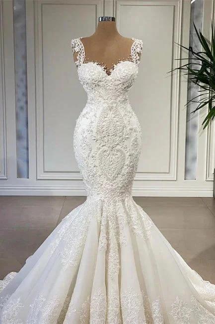 Charming Straps Sleeveless Mermaid Wedding Dress with Ruffles by misshow.com