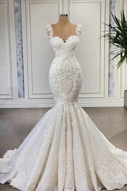 Charming Straps Sleeveless Mermaid Wedding Dress with Ruffles by misshow.com