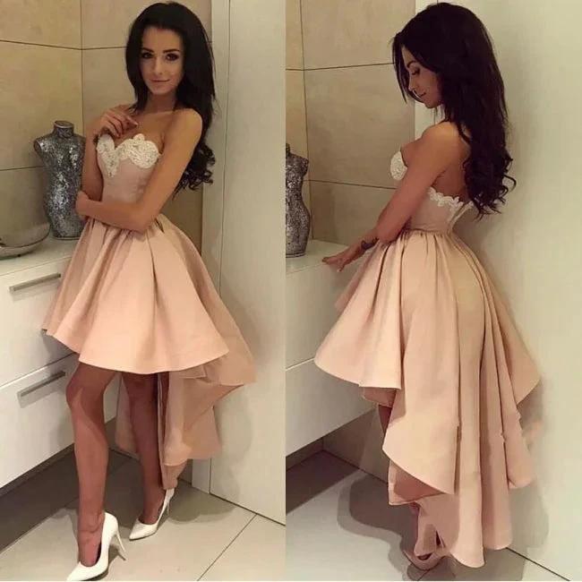 Charming Sweetheart Lace Hi-Lo Homecoming Dress Gold Sleveless Short Party Dress with Appliques by misshow.com