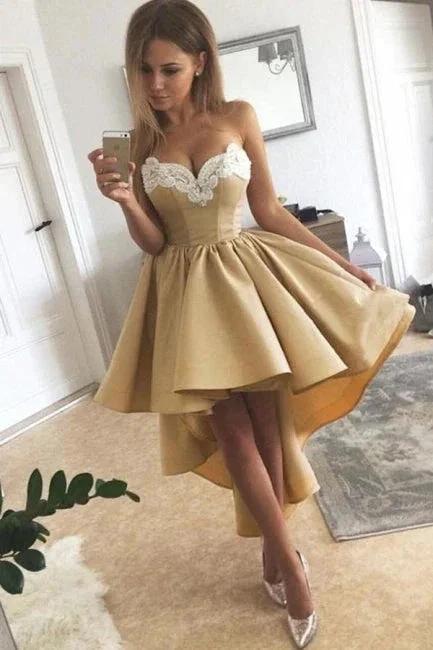Charming Sweetheart Lace Hi-Lo Homecoming Dress Gold Sleveless Short Party Dress with Appliques by misshow.com