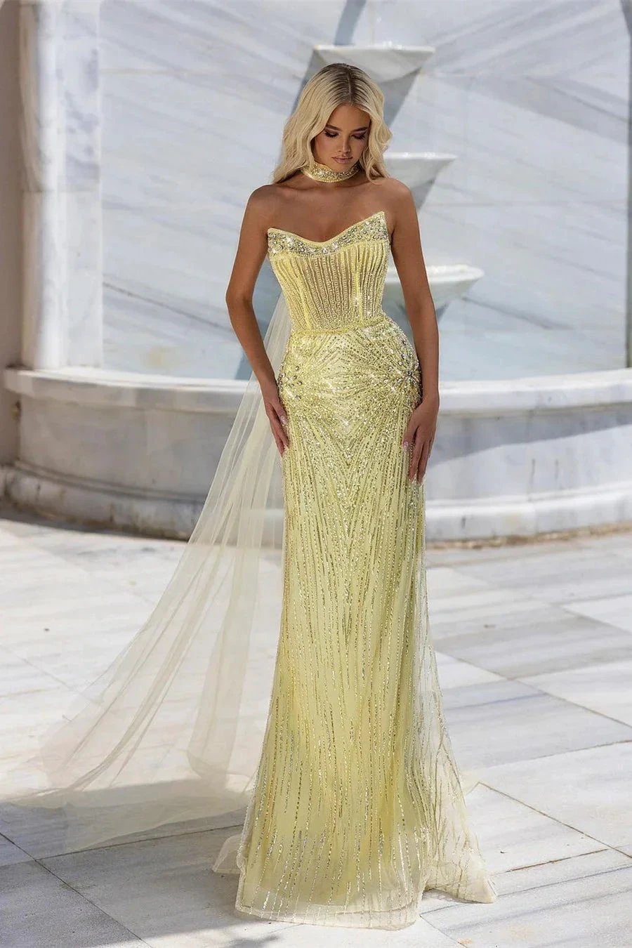 Charming Sweetheart Lace Sleeveless Mermaid Prom Dress With Watteau by misshow.com