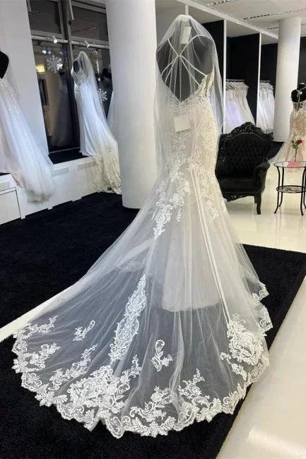 Charming Sweetheart Spaghetti Straps Garden Lace Wedding Dress with Chapel Train by misshow.com