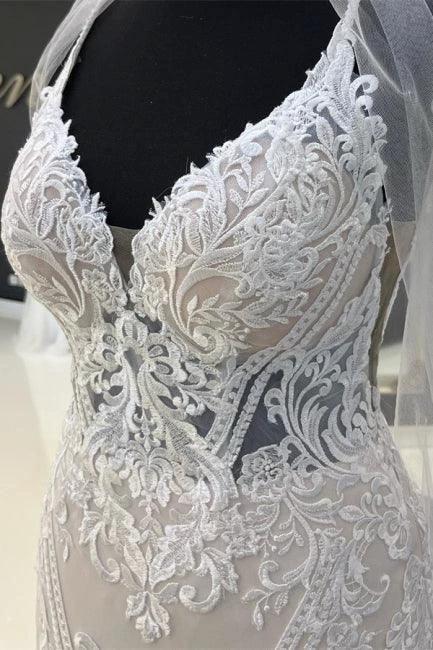 Charming Sweetheart Spaghetti Straps Garden Lace Wedding Dress with Chapel Train by misshow.com