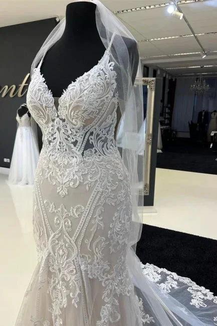 Charming Sweetheart Spaghetti Straps Garden Lace Wedding Dress with Chapel Train by misshow.com