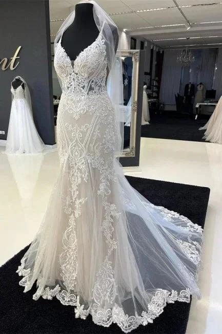 Charming Sweetheart Spaghetti Straps Garden Lace Wedding Dress with Chapel Train by misshow.com