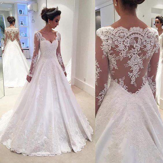 Charming V Neck Appliques A Line Wedding Dress With Long Sleeves WD023 by pgmdress