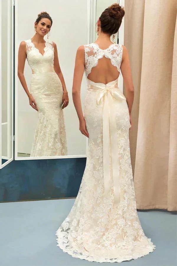 Charming V Neck Lace Sheath Wedding Dress With Sashes WD040 by pgmdress