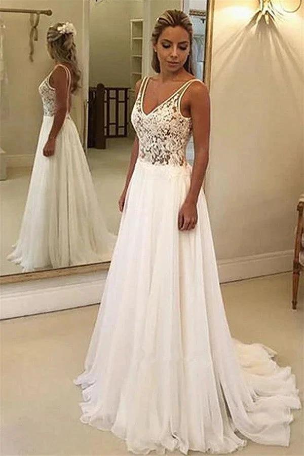 Charming V-Neck Sleeveless Appliques A-Line Floor-Length Wedding Dresses by misshow.com