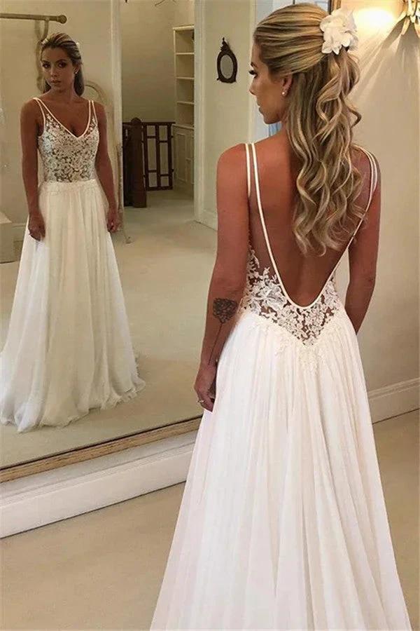 Charming V-Neck Sleeveless Appliques A-Line Floor-Length Wedding Dresses by misshow.com