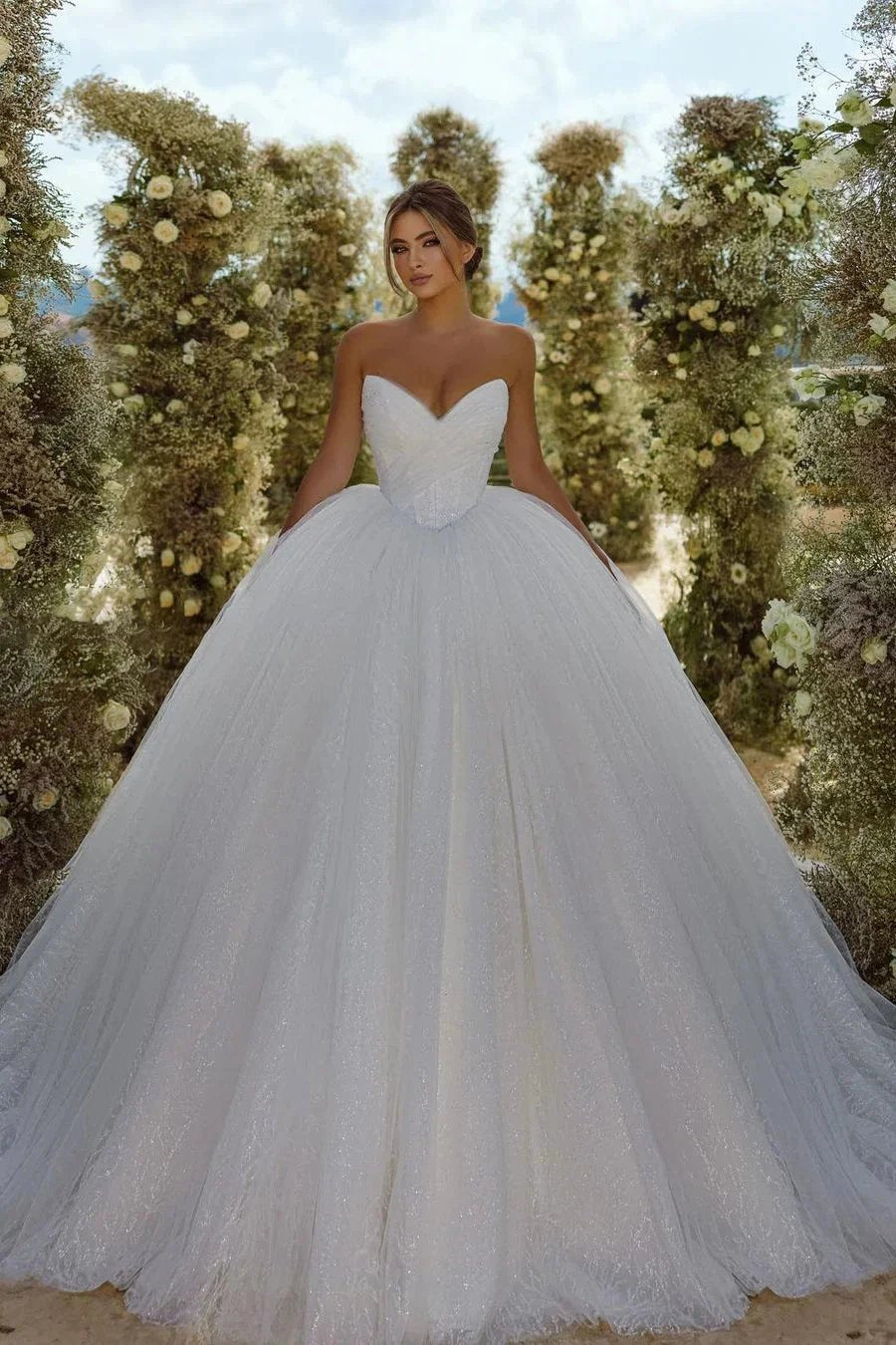 Charming V-neck Sleevless Glitter A-line Wedding Dress With Train by misshow.com