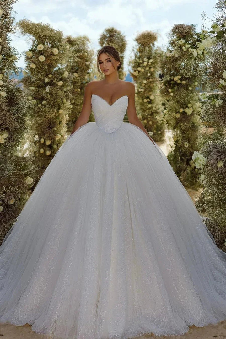 Charming V-neck Sleevless Glitter A-line Wedding Dress With Train by misshow.com