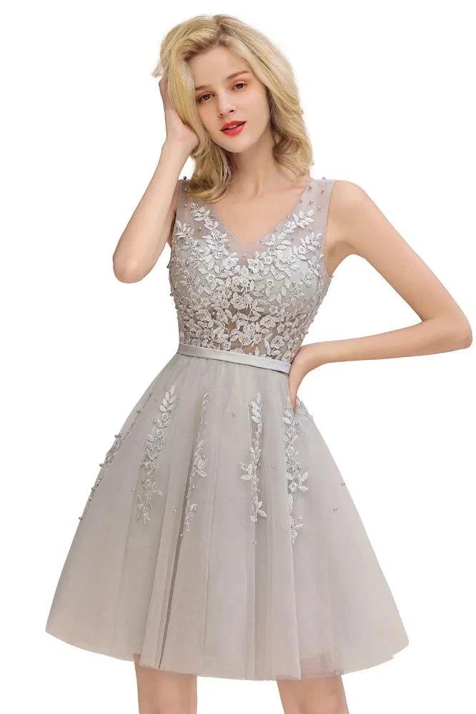 Charming V-Neck Tulle Lace Appliques Short Homecoming Dress Aline Backless Party Dress by misshow.com