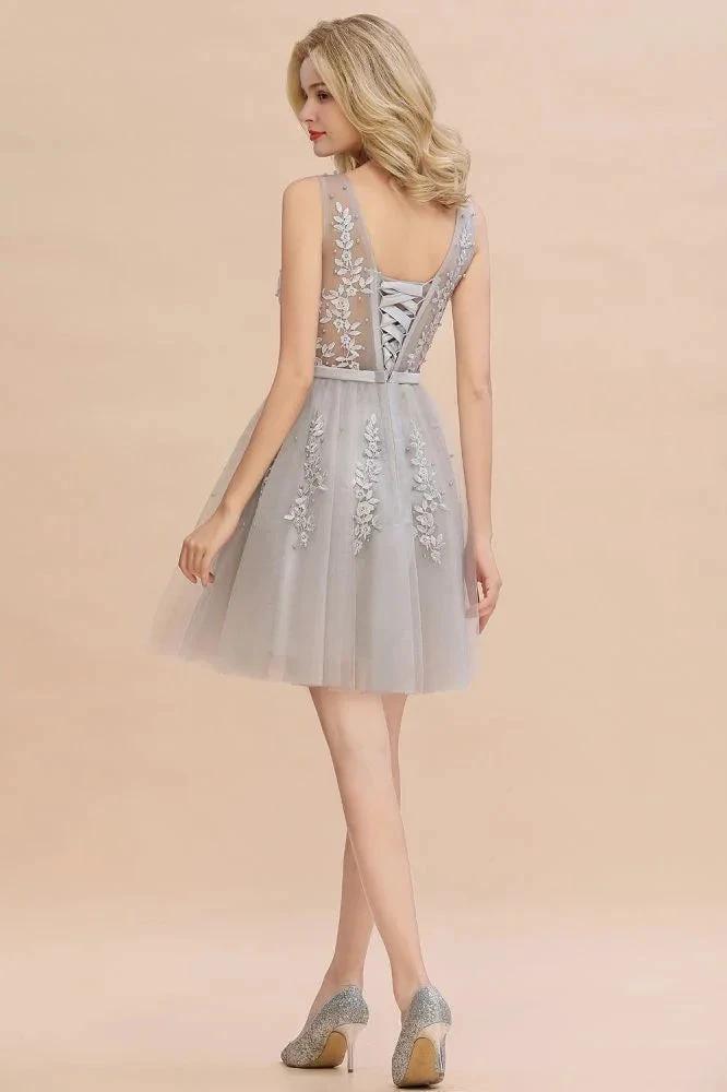Charming V-Neck Tulle Lace Appliques Short Homecoming Dress Aline Backless Party Dress by misshow.com