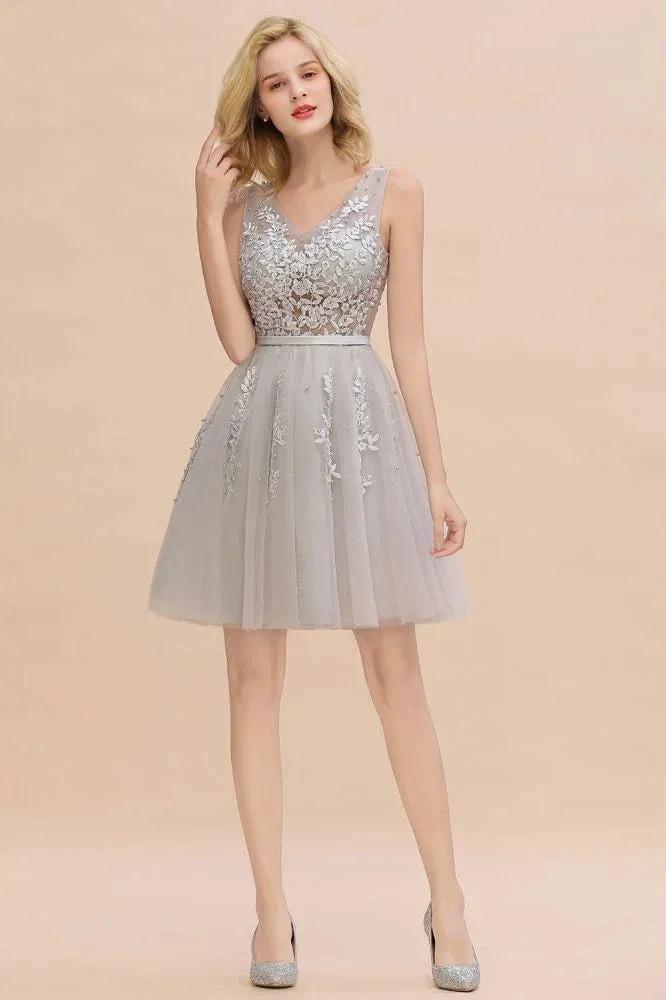 Charming V-Neck Tulle Lace Appliques Short Homecoming Dress Aline Backless Party Dress by misshow.com