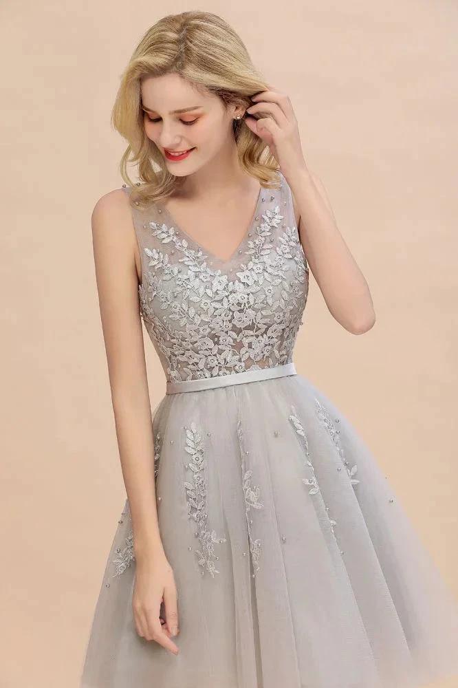 Charming V-Neck Tulle Lace Appliques Short Homecoming Dress Aline Backless Party Dress by misshow.com