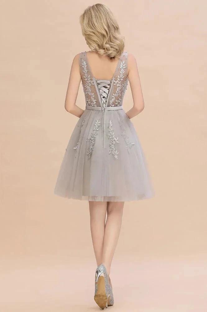 Charming V-Neck Tulle Lace Appliques Short Homecoming Dress Aline Backless Party Dress by misshow.com