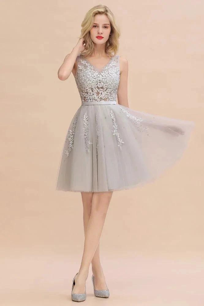 Charming V-Neck Tulle Lace Appliques Short Homecoming Dress Aline Backless Party Dress by misshow.com