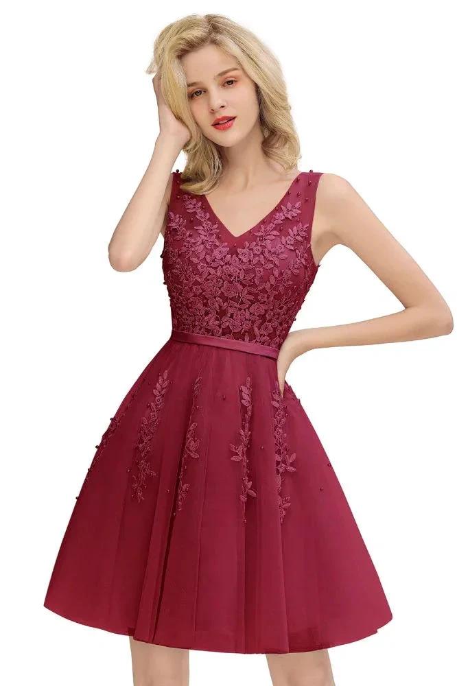 Charming V-Neck Tulle Lace Appliques Short Homecoming Dress Aline Backless Party Dress by misshow.com