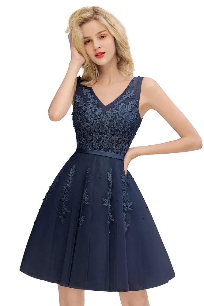 Charming V-Neck Tulle Lace Appliques Short Homecoming Dress Aline Backless Party Dress by misshow.com
