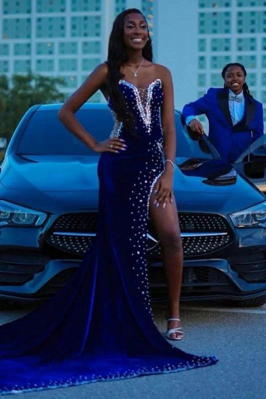 Charming V-Neck Velvet Mermaid Prom Dress Beadings Side Slit Party Dress by misshow.com