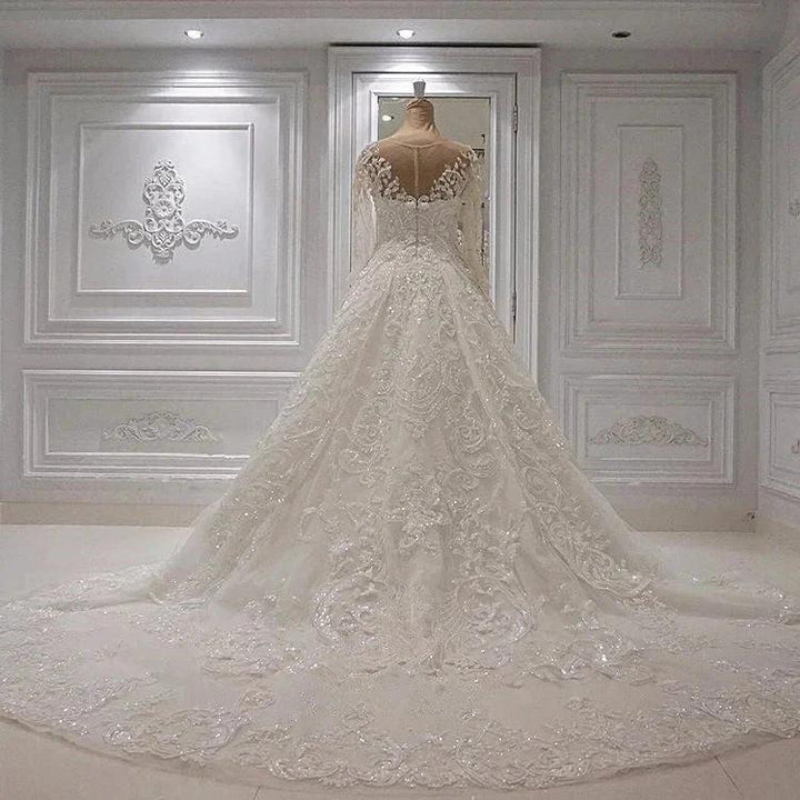 Chic Ivory Long A-line Jewel Tulle Appliques Lace Wedding Dresses by Biztunnel