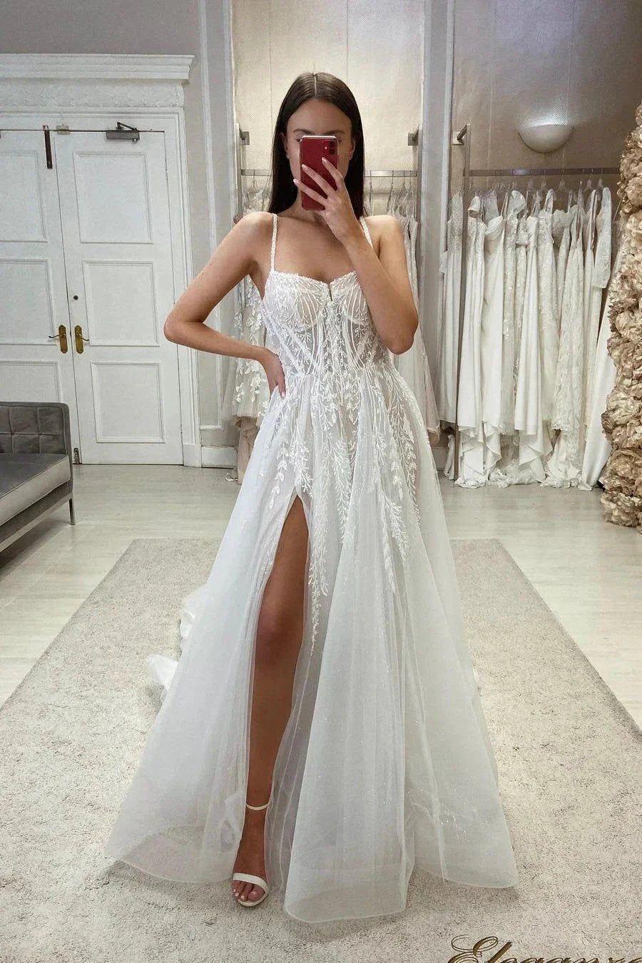Chic A-line Spaghetti Straps Lace Tulle Sleeveless Wedding Dress With Slit by misshow.com