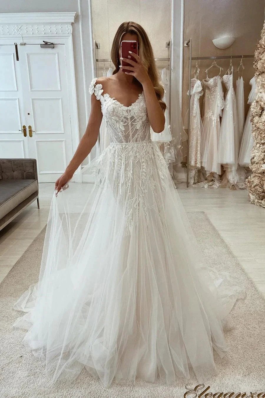 Chic A-line Tulle Sleeveless Lace Floor length Wedding Dress by misshow.com