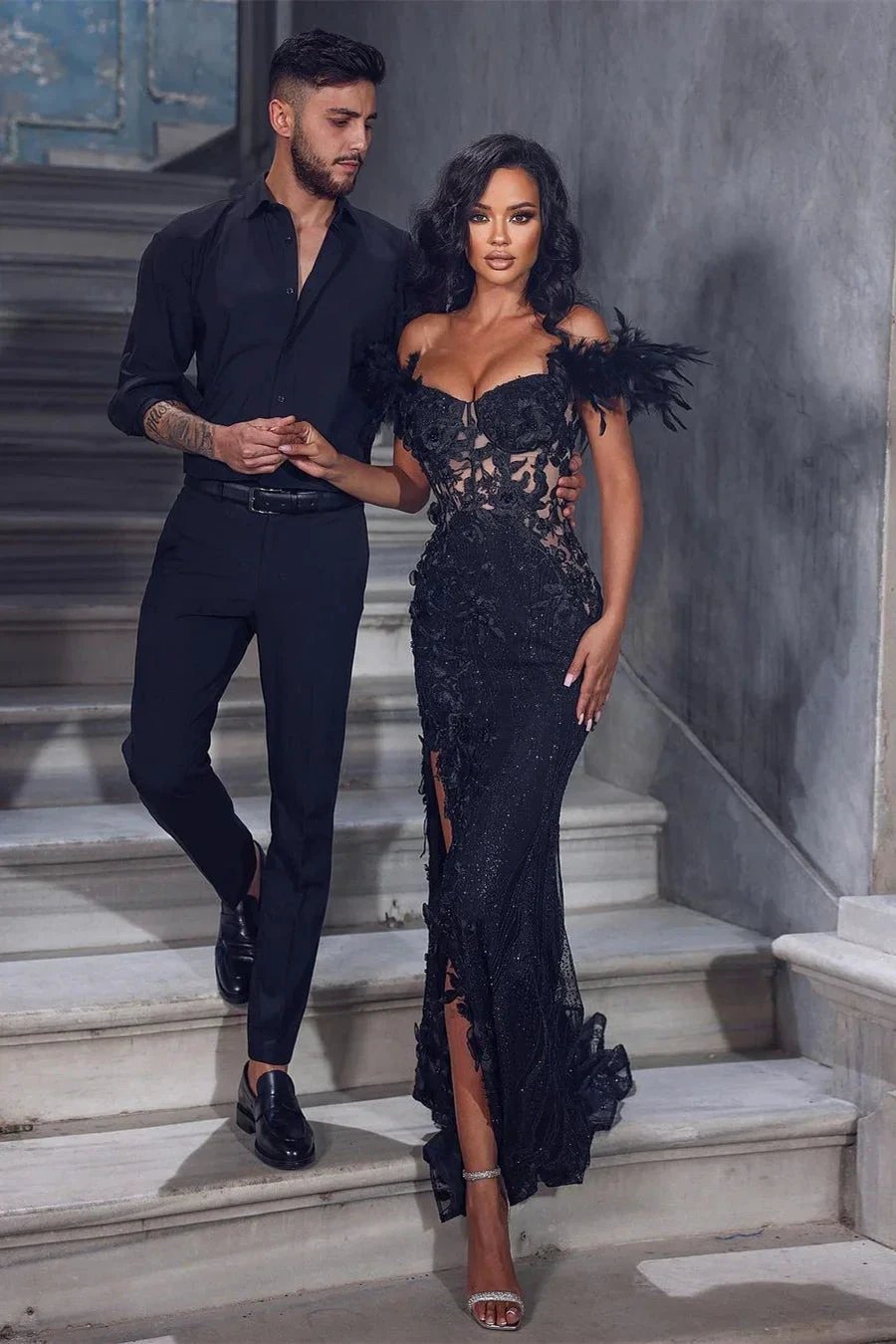 Chic Black Floor Length Sleeveless Off-The-Shoulder Mermaid Lace Prom Dress with Split by misshow.com