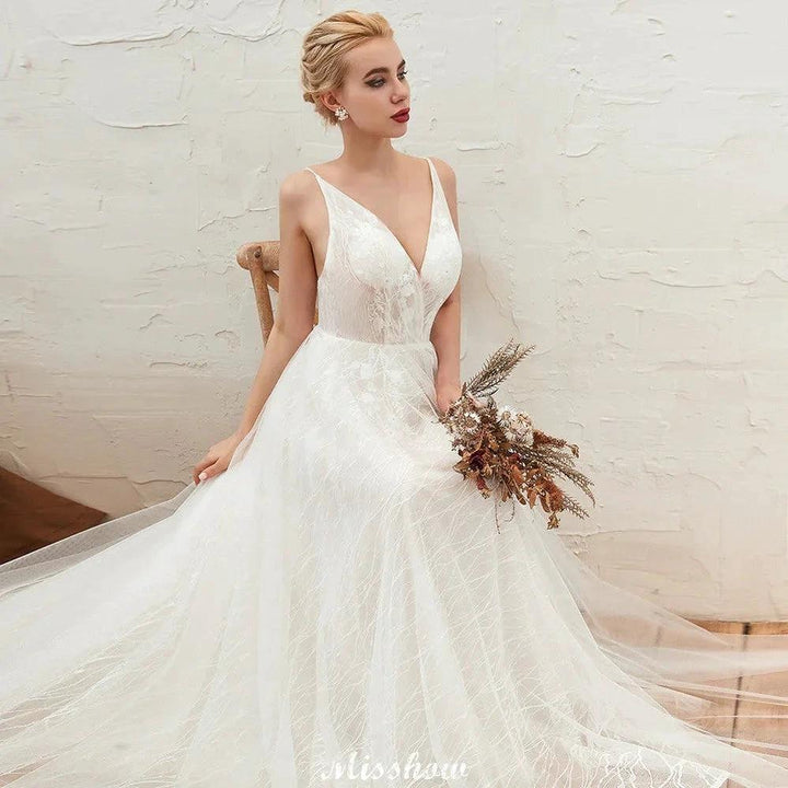 Chic Deep V-Neck White Tulle Princess Open Back Wedding Dress with Court Train by misshow.com