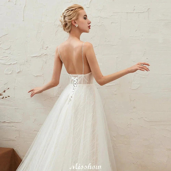 Chic Deep V-Neck White Tulle Princess Open Back Wedding Dress with Court Train by misshow.com