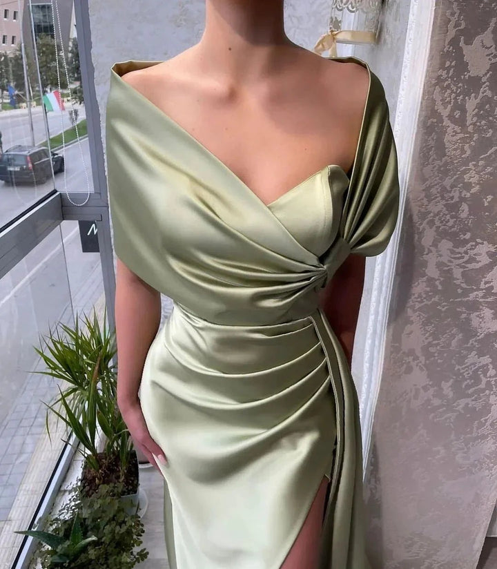 Chic Floor Length Portrait A Line Satin Prom Dress with Ruffles by misshow.com