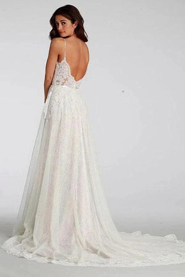Chic Lace Beach Spaghetti Straps Long Wedding Dresses WD129 by pgmdress