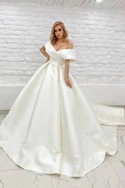 Chic Long A-line Off-the-shoulder Ivory Simple Sleeveless Wedding Dress by misshow.com