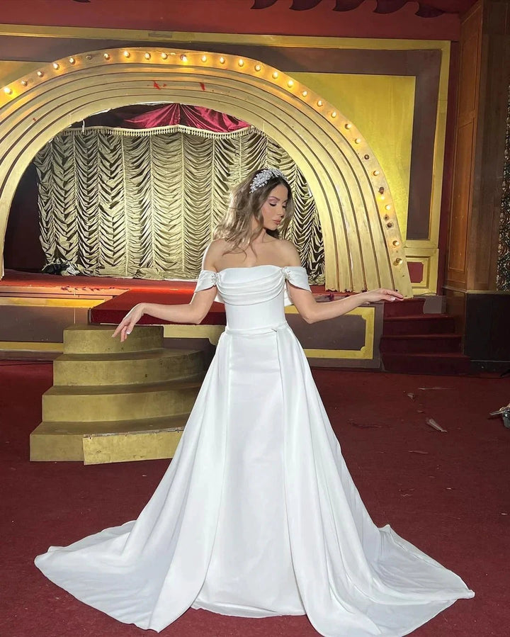 Chic Long A-line Off-the-shoulder Sleeveless Wedding Dress With Detachable Train by misshow.com