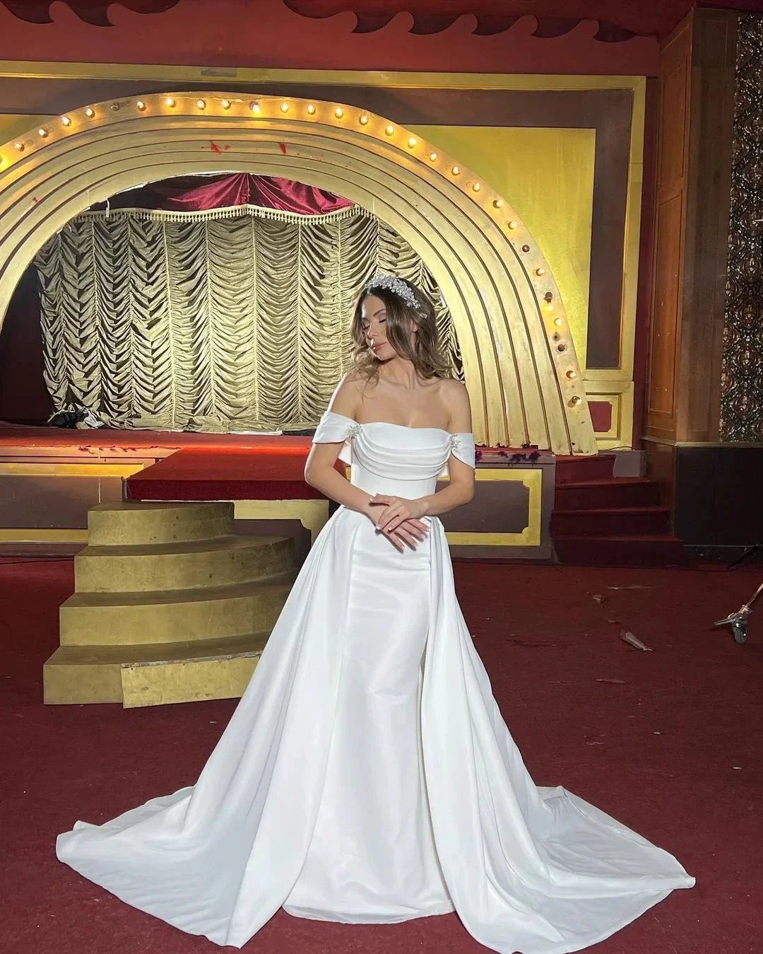 Chic Long A-line Off-the-shoulder Sleeveless Wedding Dress With Detachable Train by misshow.com