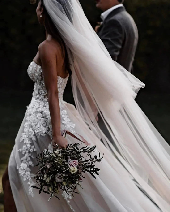 Chic Long A-line Sweetheart Lace Tulle 3D Floral Wedding Dress by BIZTUNNEL