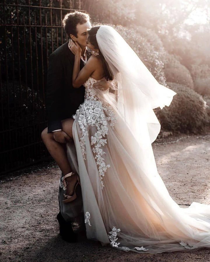 Chic Long A-line Sweetheart Lace Tulle 3D Floral Wedding Dress by BIZTUNNEL