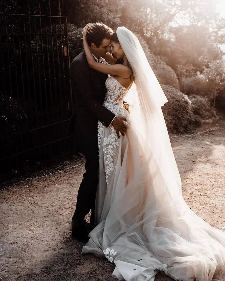 Chic Long A-line Sweetheart Lace Tulle 3D Floral Wedding Dress by BIZTUNNEL