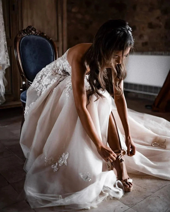 Chic Long A-line Sweetheart Lace Tulle 3D Floral Wedding Dress by BIZTUNNEL