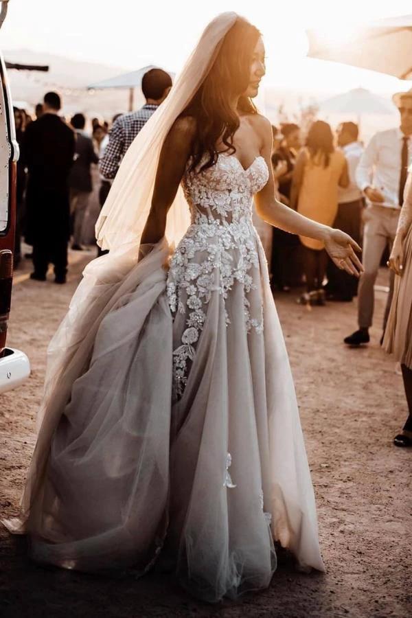 Chic Long A-line Sweetheart Lace Tulle 3D Floral Wedding Dress by BIZTUNNEL