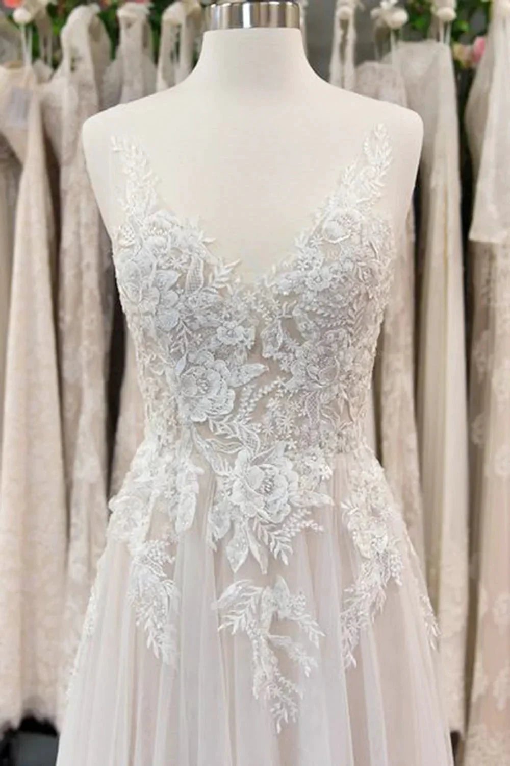 Chic Long A line V neck Appliques Lace Tulle Wedding Dress by BIZTUNNEL