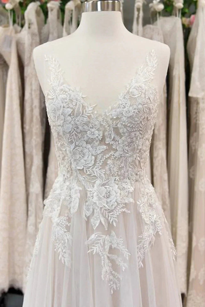 Chic Long A line V neck Appliques Lace Tulle Wedding Dress by BIZTUNNEL